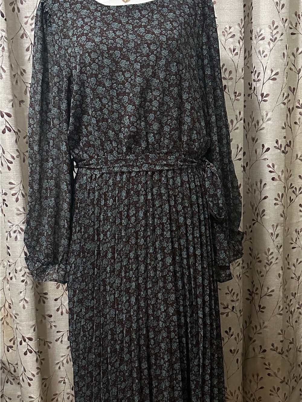 Polagram Brown/Ligth Blue Long Sleeve Floral Pleated Dress